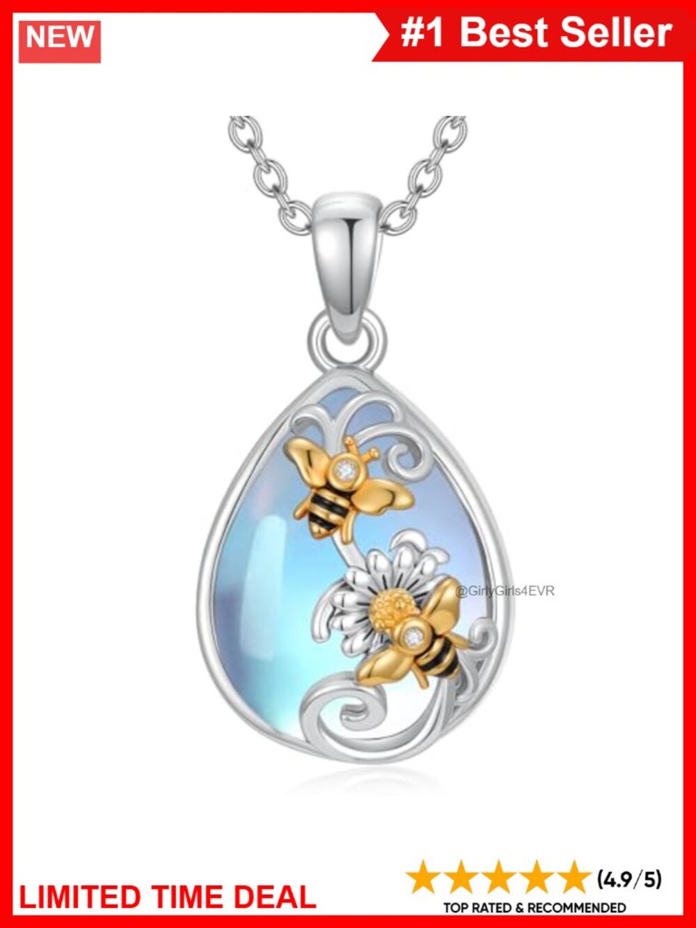 Sterling Silver Moonstone Bee Pendant Necklace 18+2" Adjustable